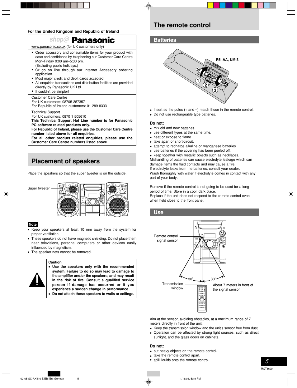 Shop, The remote control, Placement of speakers | 5batteries | Panasonic SC-AK410 User Manual | Page 5 / 20