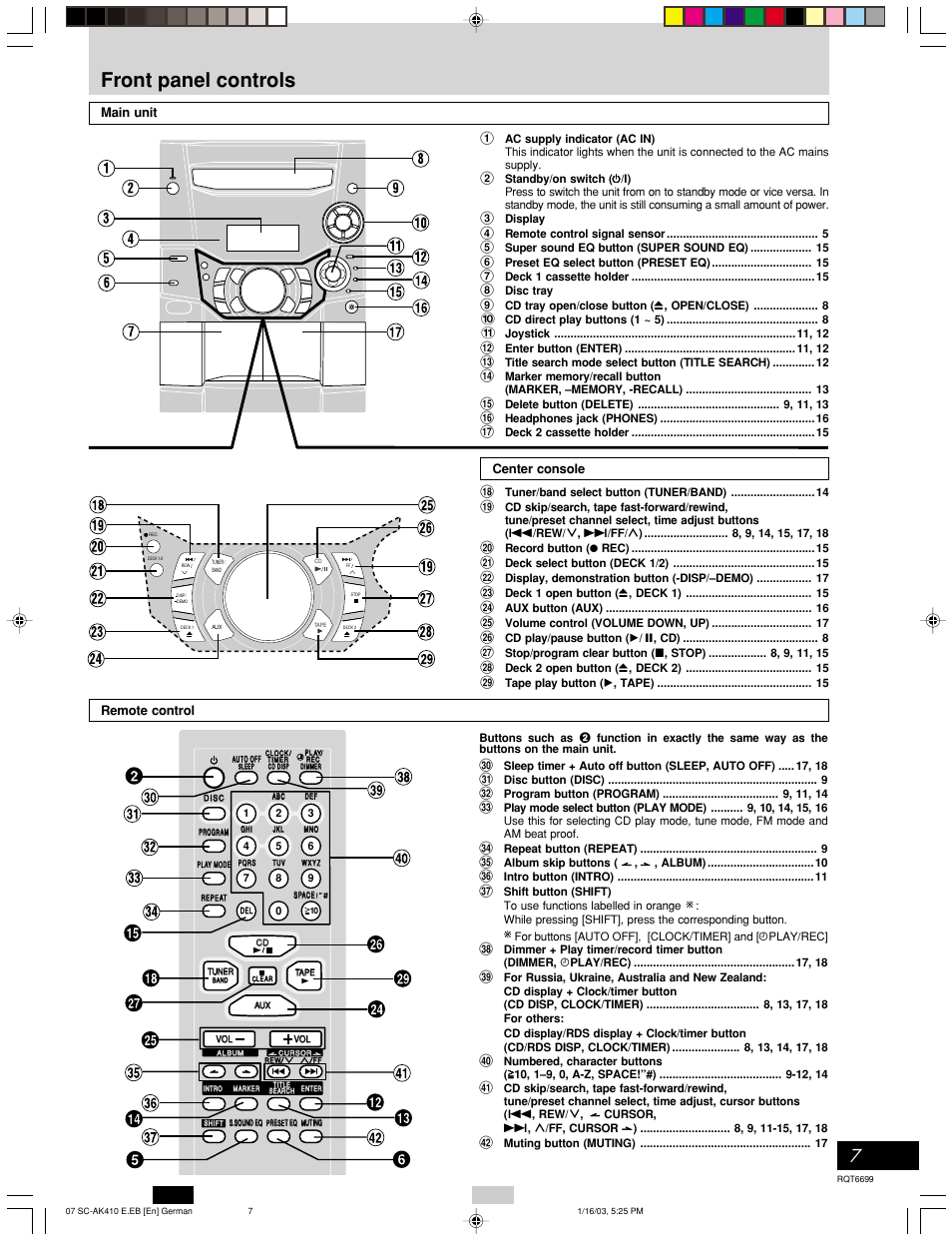 Front panel controls, Before using | Panasonic SC-AK410 User Manual | Page 7 / 20