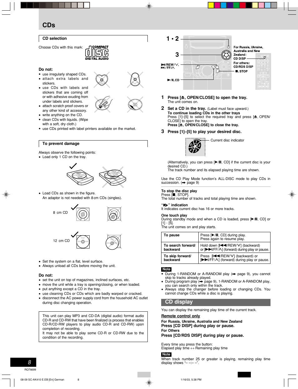 Cd display, Cassette deck operations | Panasonic SC-AK410 User Manual | Page 8 / 20