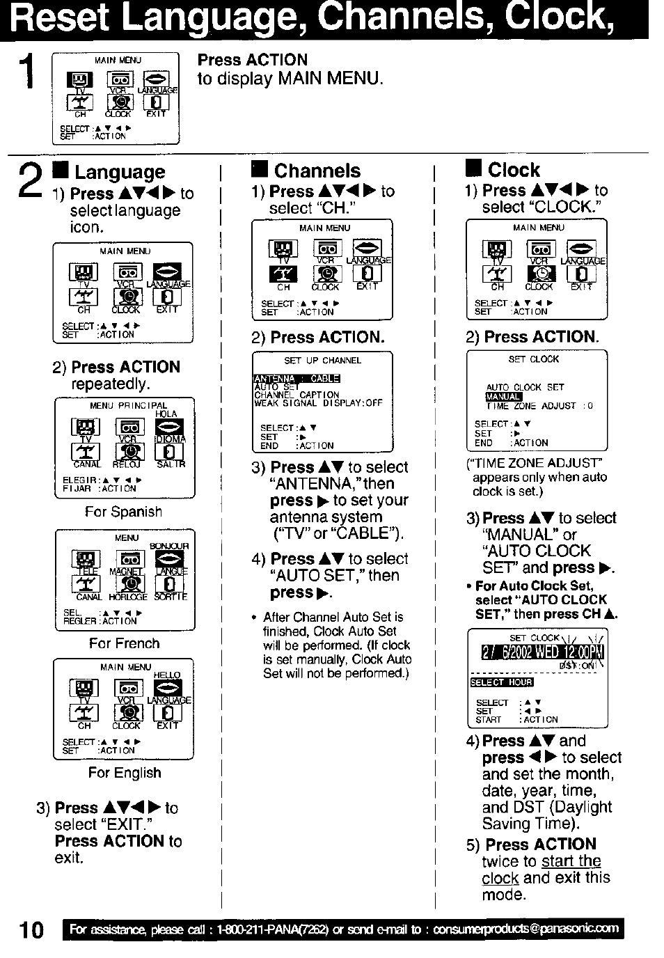 Reset language, channels, clock, Press action, 2) press action | 1) press at^^to, 4) press at and, Channels, H clock | Panasonic PV C1322 User Manual | Page 10 / 40