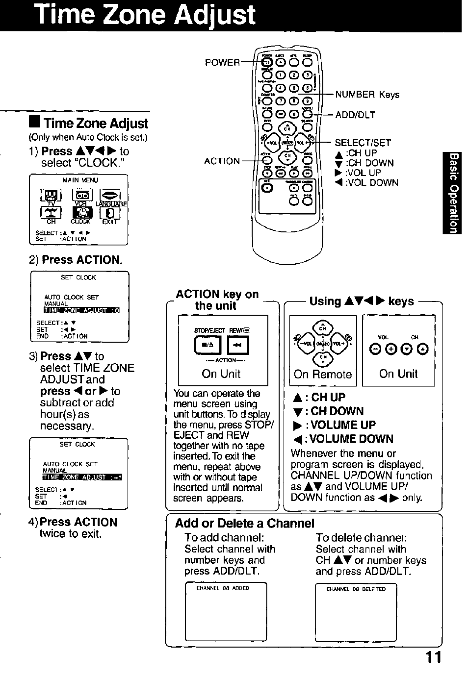 Time zone adjust, M time zone adjust, Chat | G 0 o o, Ò o o, O o © ©i, Add or delete a channel | Panasonic PV C1322 User Manual | Page 11 / 40