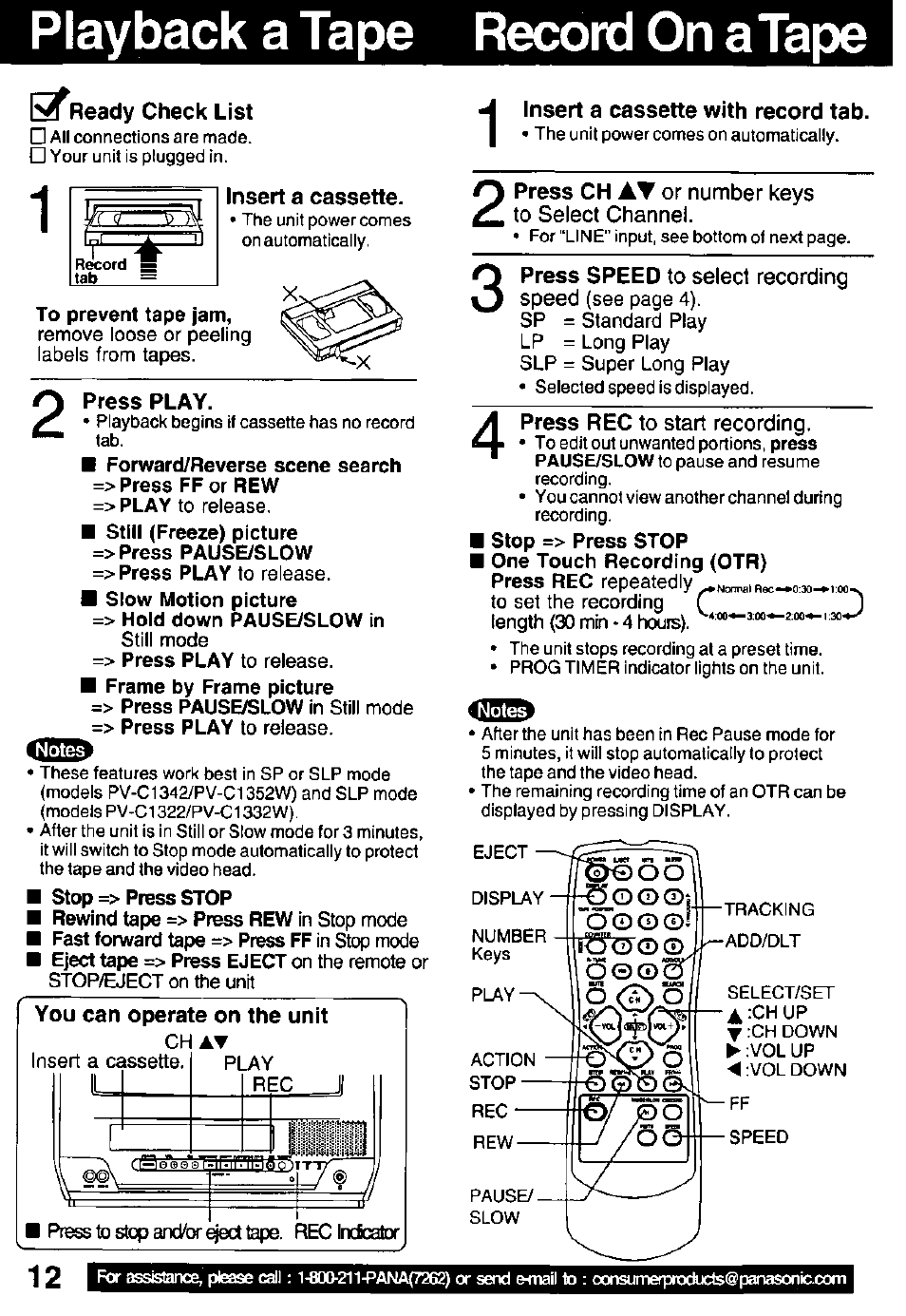 Playback a tape record on a tape, 1^ready, Check list | You can operate on the unit, Insert a cassette with record tab | Panasonic PV C1322 User Manual | Page 12 / 40