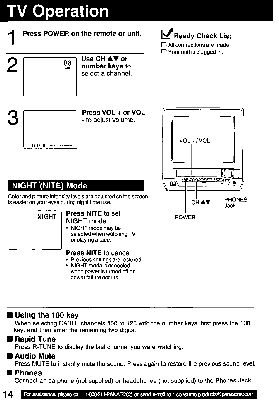 Tv operation, Press power on the remote or unit, Use ch at or number keys to | Select a channel, Ready check list, Press vol + or vol, To adjust volume, Press nite to set night mode, Press nite to cancel | Panasonic PV C1322 User Manual | Page 14 / 40