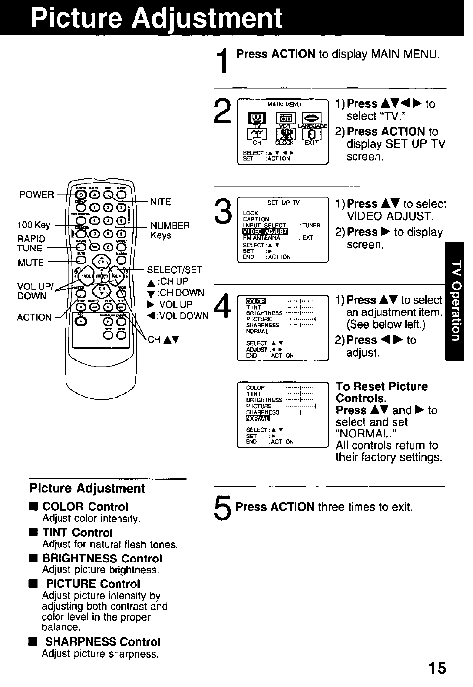 Picture adjustment, To reset picture controls | Panasonic PV C1322 User Manual | Page 15 / 40