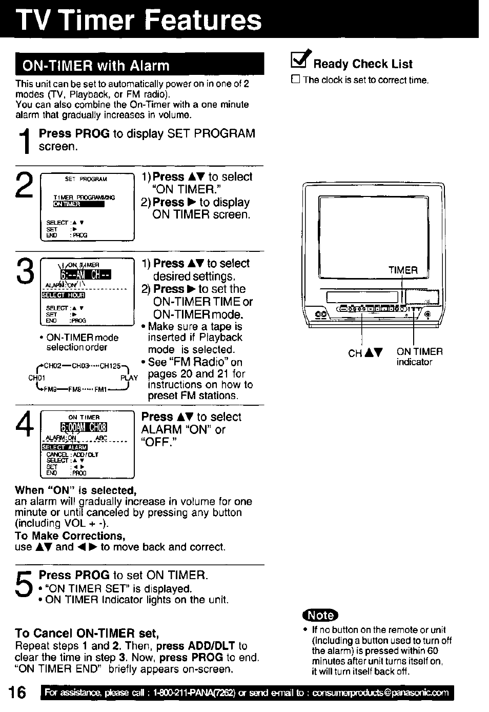 Tv timer features, Pibu, To cancel on-timer set | Tv timer features ,17 | Panasonic PV C1322 User Manual | Page 16 / 40