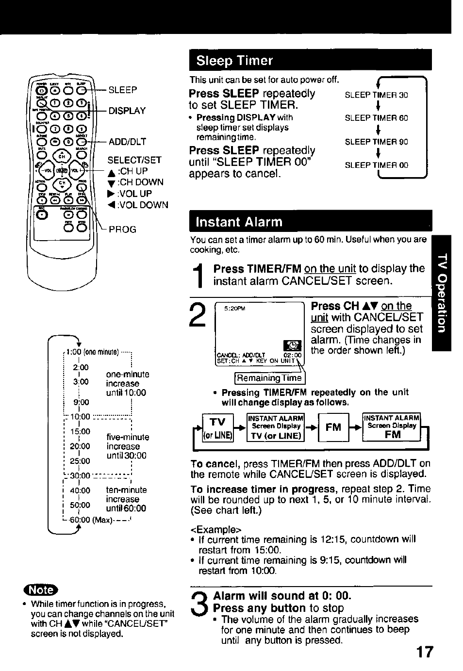 É.o©©i, Sleep timer, Press sleep repeatedly to set sleep timer | Instant alarm, O ©> o | Panasonic PV C1322 User Manual | Page 17 / 40