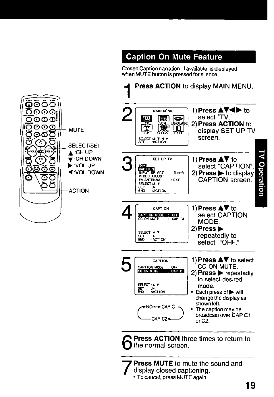 Caption on mute feature, 2) press action to, 2) press | O o o | Panasonic PV C1322 User Manual | Page 19 / 40