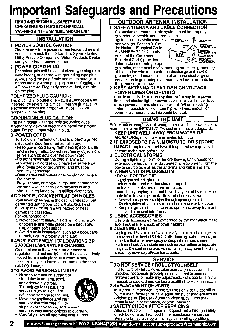 Important safeguards and precautions | Panasonic PV C1322 User Manual | Page 2 / 40