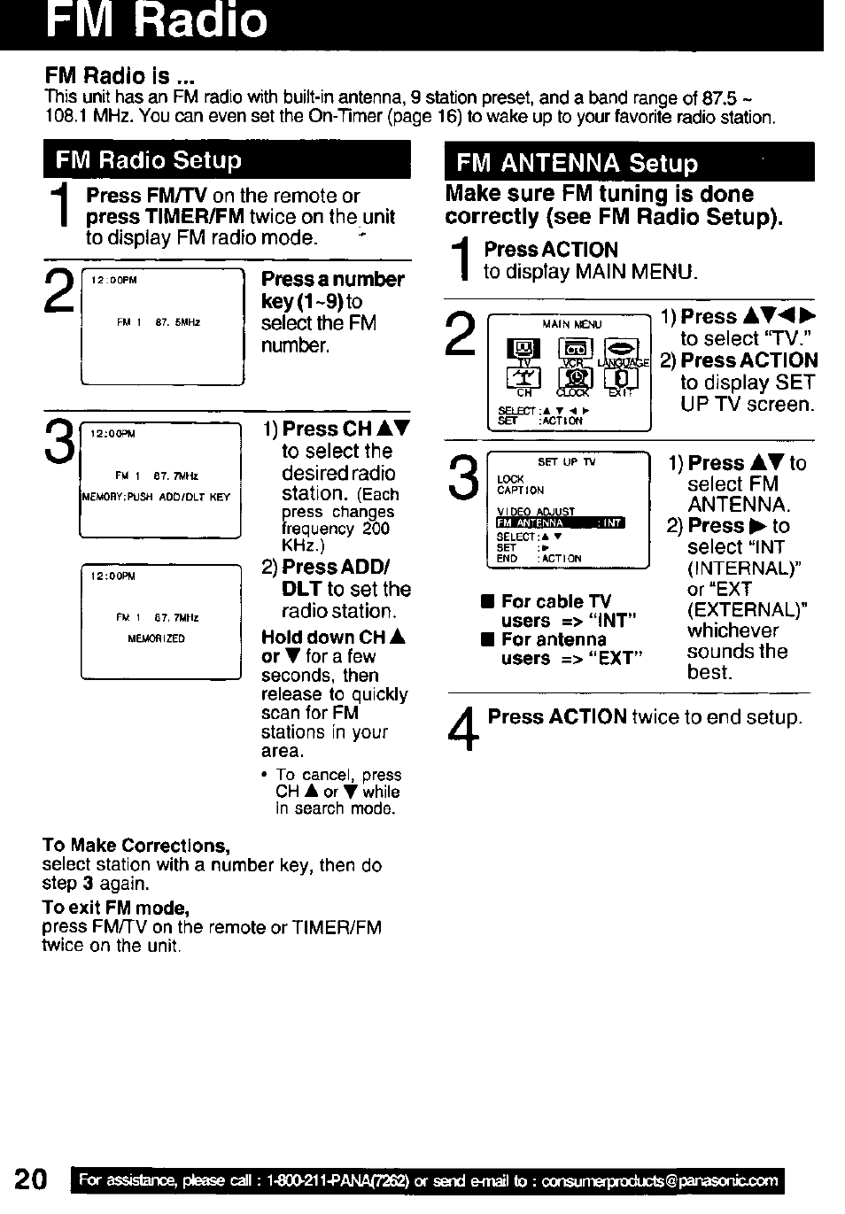 Fm radio, Fm radio setup, 1) press chat | 2) press add, Fm antenna setup, Fm radio is | Panasonic PV C1322 User Manual | Page 20 / 40
