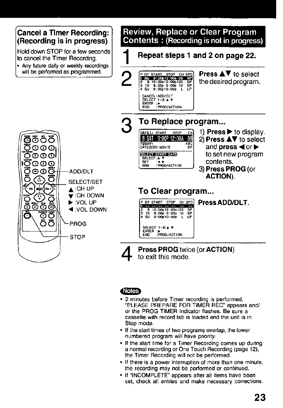 To replace program, 3) press prog (or action), To clear program | Press add/dlt, Press prog twice (or action), Or ► to set new program contents. 3), Twice (or | Panasonic PV C1322 User Manual | Page 23 / 40