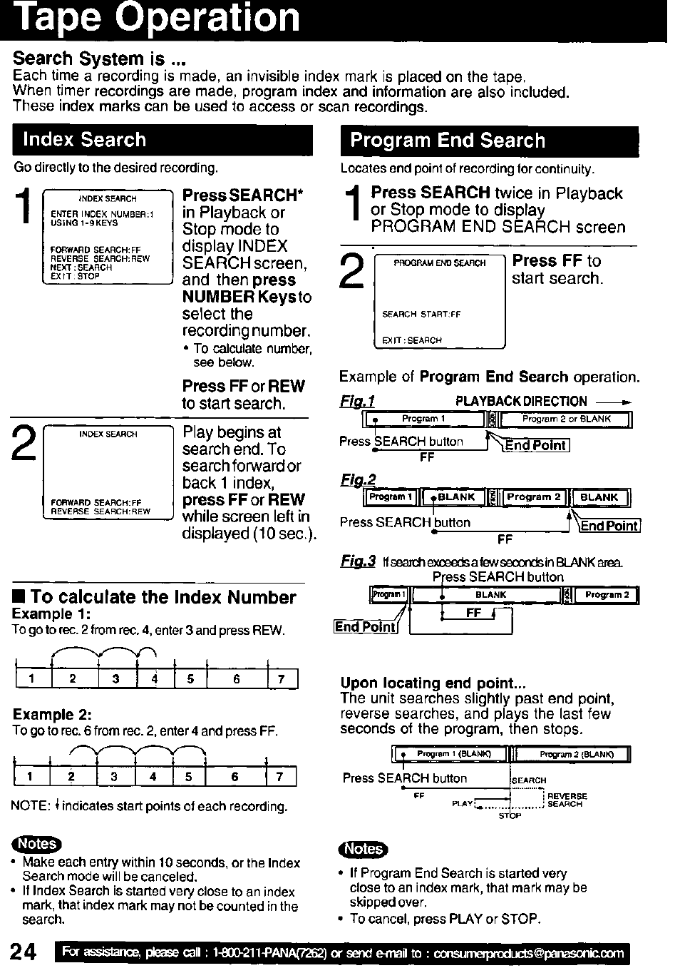 Tape operation, Press search, Press fforrew | Press ff to, Search system is, Index search, Program end search | Panasonic PV C1322 User Manual | Page 24 / 40