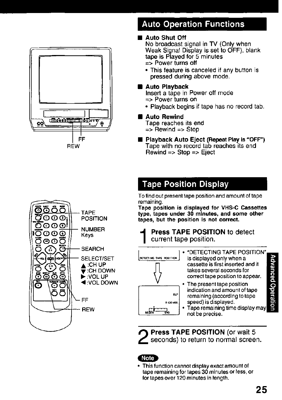 Auto operation functions, Tape position display, O o o o | Panasonic PV C1322 User Manual | Page 25 / 40
