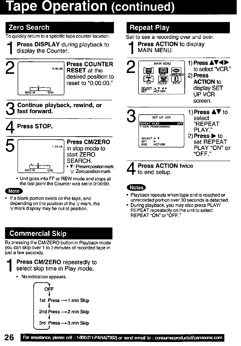 Tape operation (continued), Press counter reset at the, Continue playback, rewind, or fast forward | Press stop, Press cm/zero, Repeat play, 1) press, 2) press action to, 1) press at to, Tape operation | Panasonic PV C1322 User Manual | Page 26 / 40