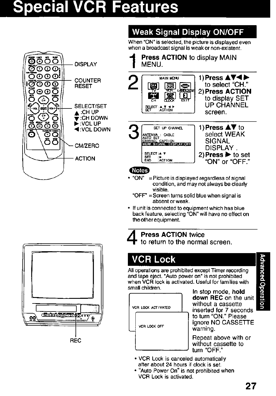Special vcr features, Weak signal display on/off, 1) press aw | 2) press action, Vcr lock | Panasonic PV C1322 User Manual | Page 27 / 40