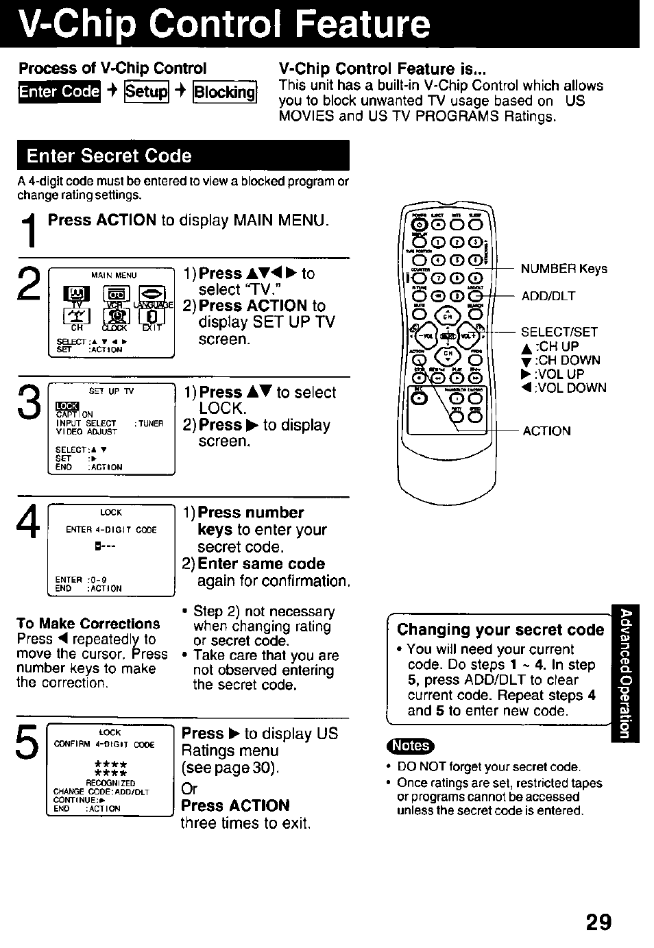 V-chip control feature, Process of v-chip control, Enter code | Setup -► blocking, V-chip control feature is, Enter secret code, 2) press action to, 2) enter same code, Press action, 0 ©i | Panasonic PV C1322 User Manual | Page 29 / 40