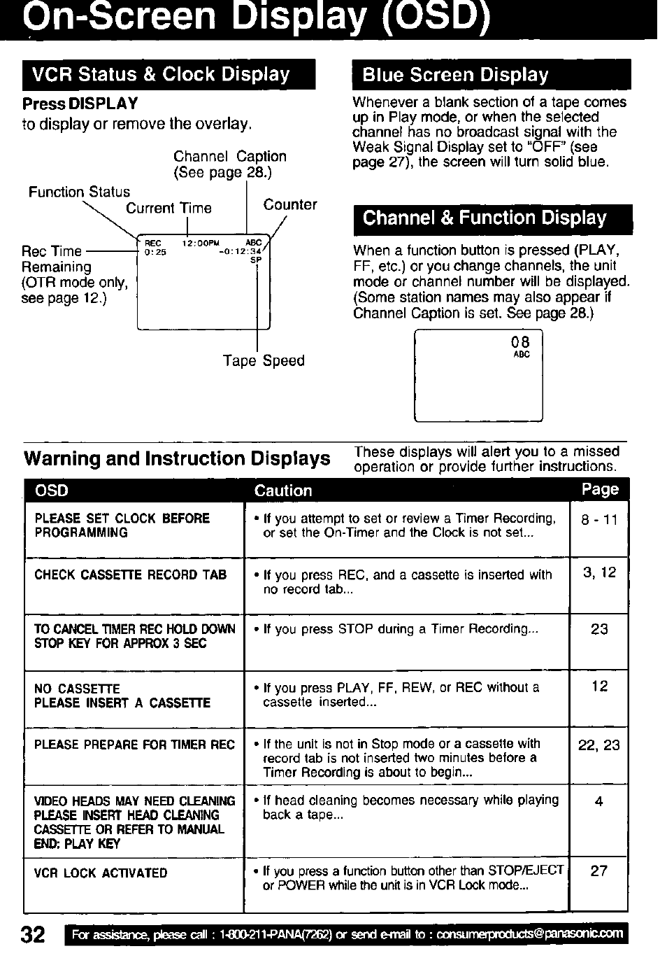 On-screen display (osd), Vcr status & clock display blue screen display, Press display | Channel & function display, Warning and instruction displays | Panasonic PV C1322 User Manual | Page 32 / 40