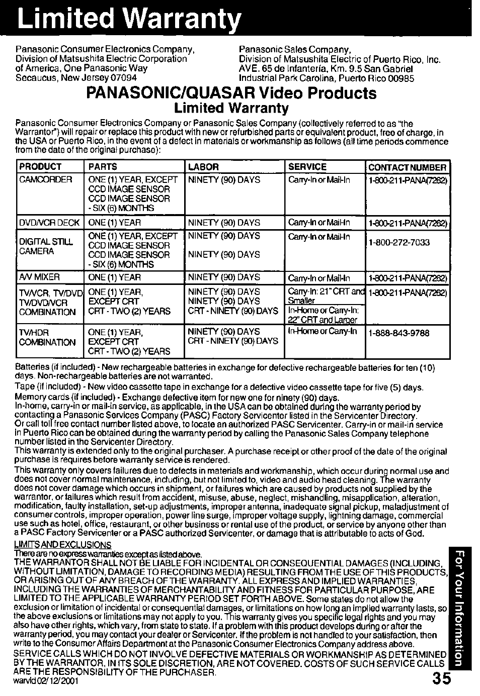 Limited warranty, Panasonic/quasar video products | Panasonic PV C1322 User Manual | Page 35 / 40