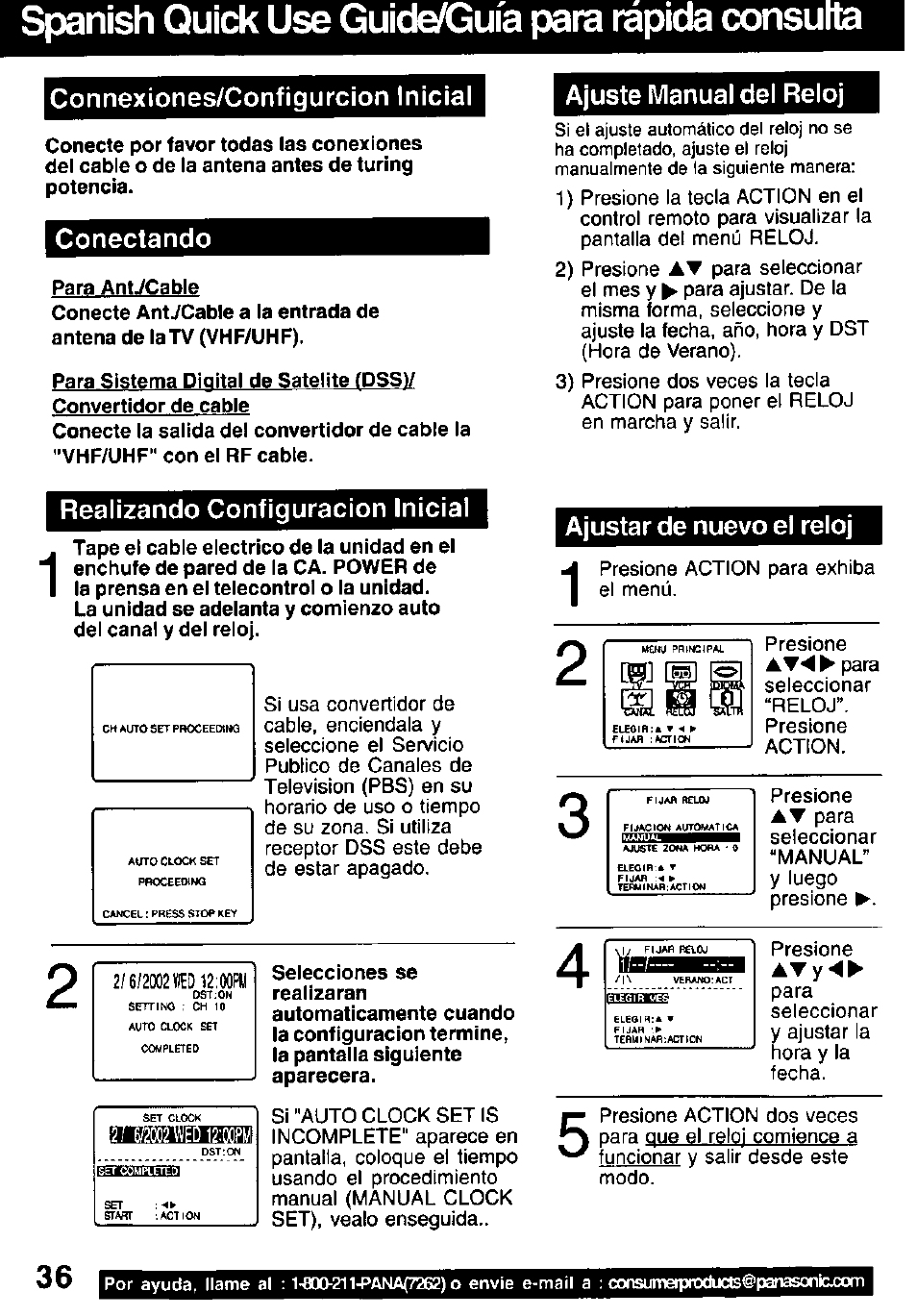 Spanish quick use guide/guia para rapida consu, Connexiones/configurcion inicial, Conectando | Ajuste manual del reloj, Realizando configuración inicial, Ajustar de nuevo el reloj | Panasonic PV C1322 User Manual | Page 36 / 40
