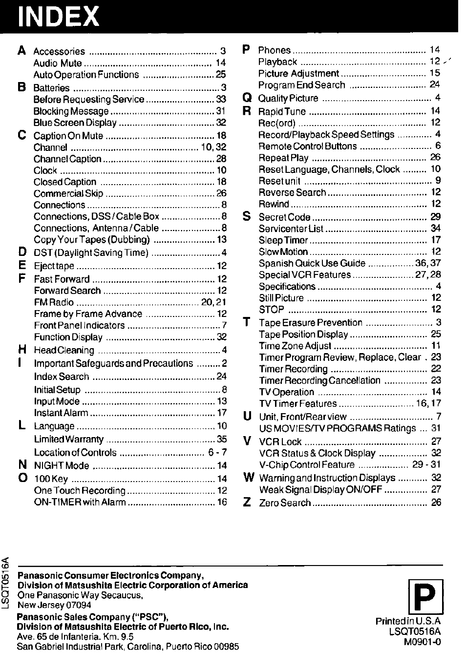 Index | Panasonic PV C1322 User Manual | Page 40 / 40