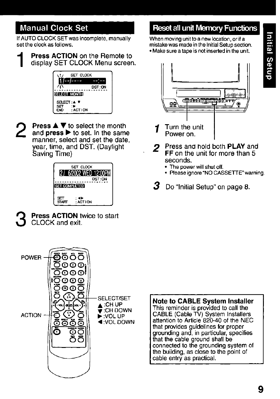 Manual clock set, Reset all unit memory functions, Note to cable system installer | Too ©©i | Panasonic PV C1322 User Manual | Page 9 / 40