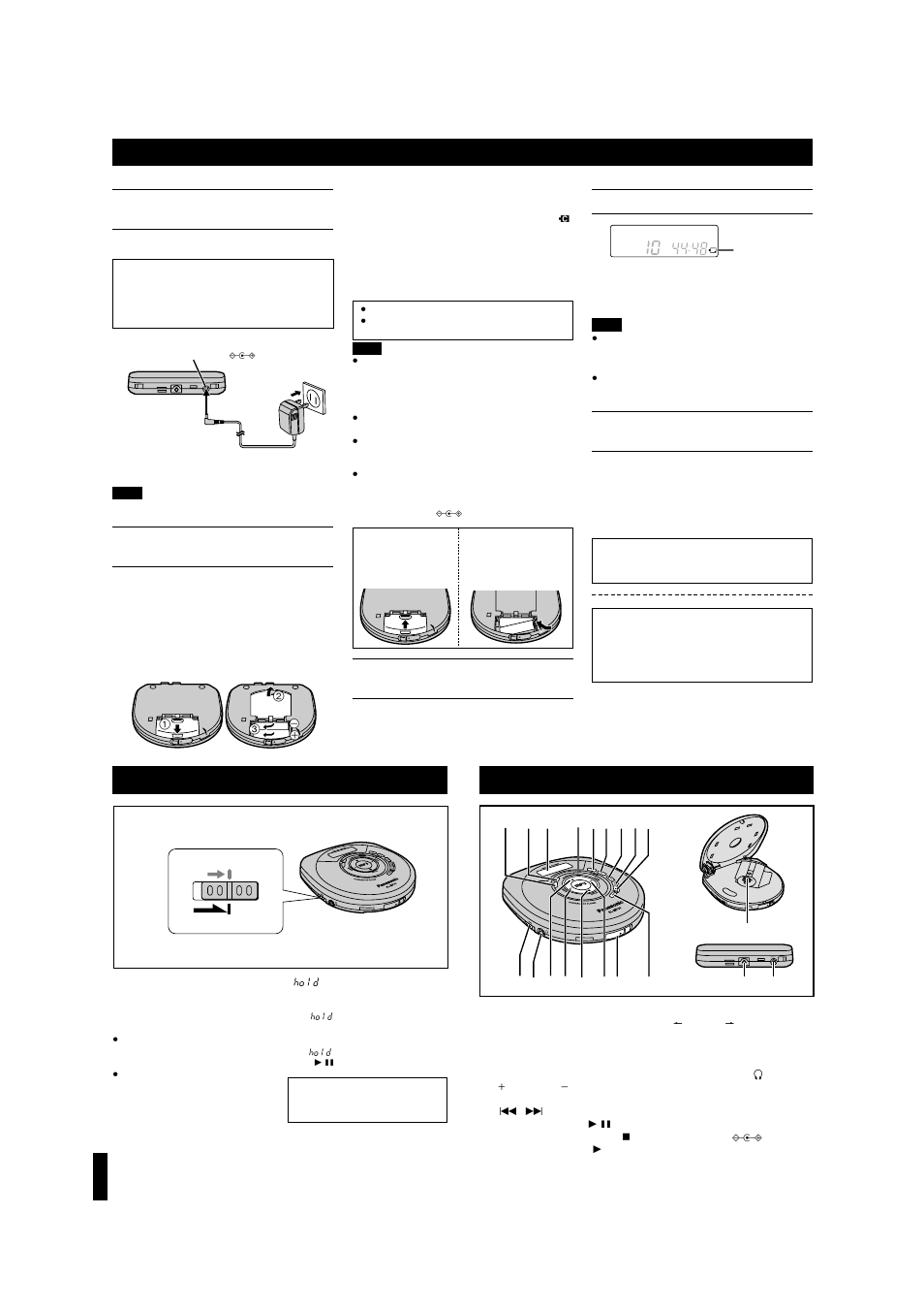 Power supply preparations, Location of controls, Hold function | Ho ld, Using the ac adaptor (not included), Battery indicator, Using the car adaptor (not included), Hold, Using rechargeable batteries (not included), Using dry cell batteries (not included) | Panasonic SL-MP30 User Manual | Page 2 / 8