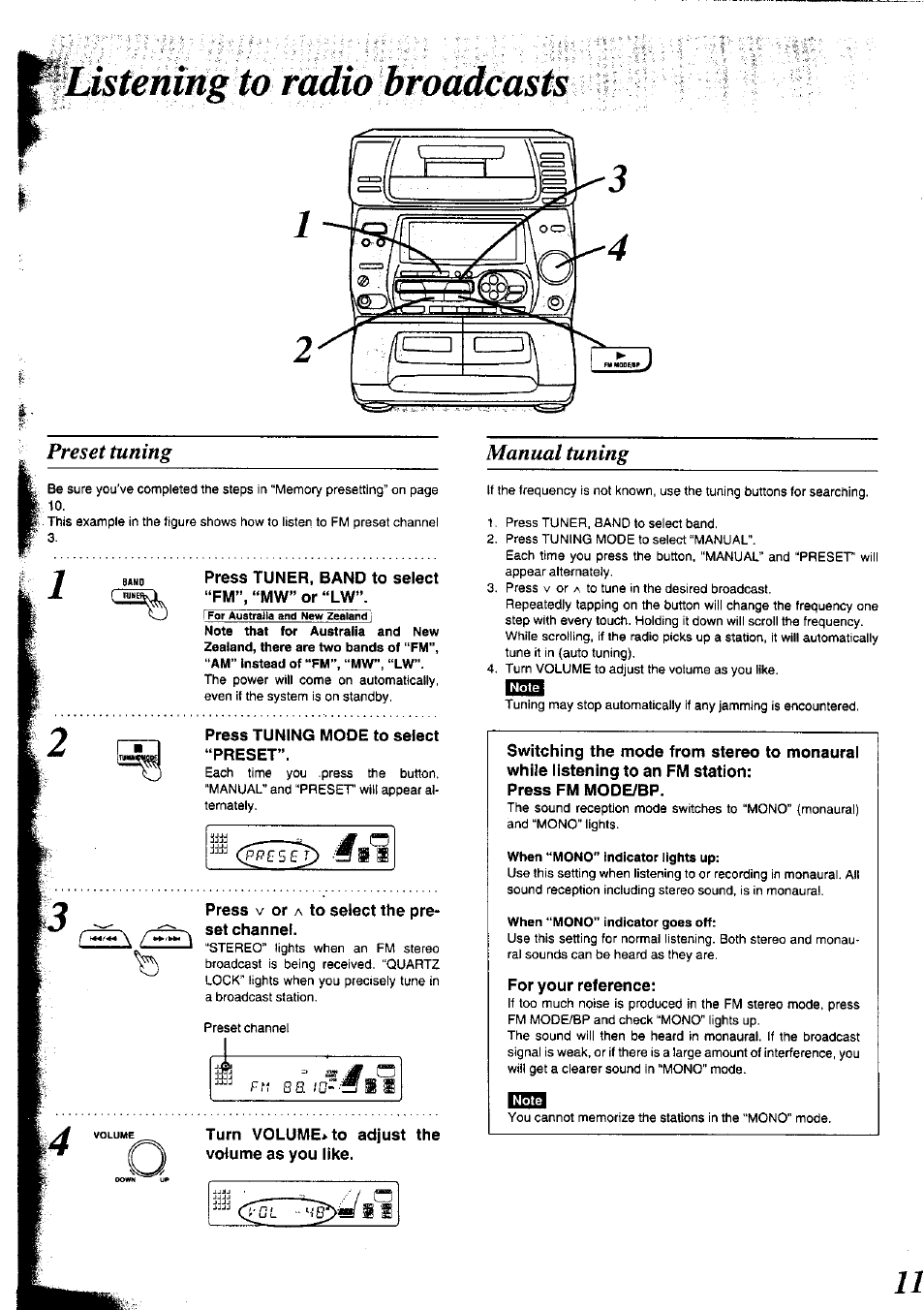 Listeningia radio broadcasts, Press tuner, band to select, Fm”, “mw” or “lw | Press tuning mode to select “preset, Press v or a to select the preset channel, Turn volume>to adjust the volume as you like, For your reference, Izbsi, Listening to radio broadcasts, Preset tuning | Panasonic SC-CH75 User Manual | Page 11 / 40