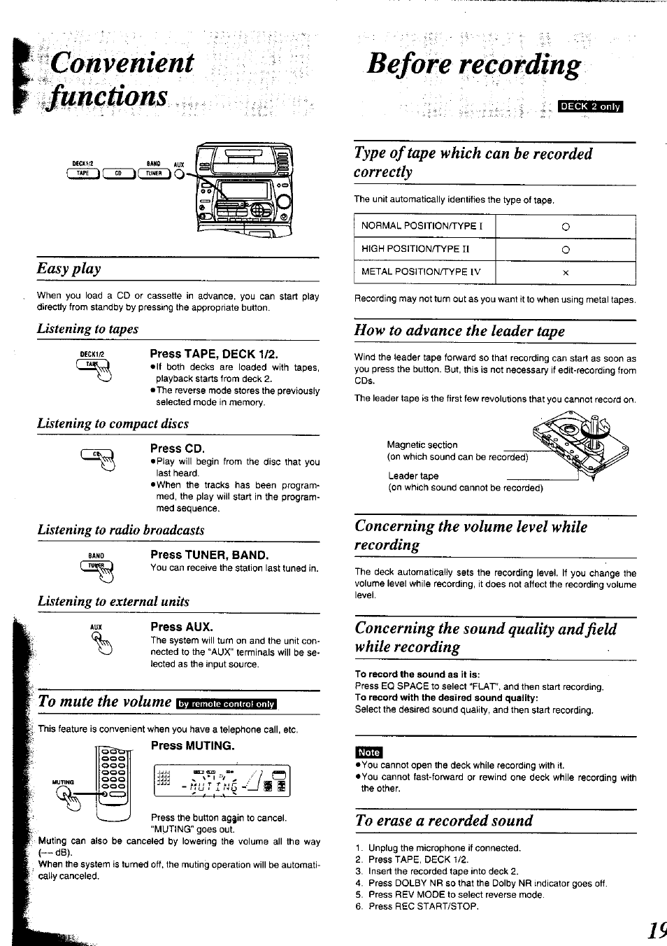 Canvenient, Press tape, deck 1/2, Press cd | Press tuner, band, Press muting, Easy play, Type of tape which can be recorded correctly, How to advance the leader tape, Concerning the volume level while recording, Listening to tapes | Panasonic SC-CH75 User Manual | Page 19 / 40