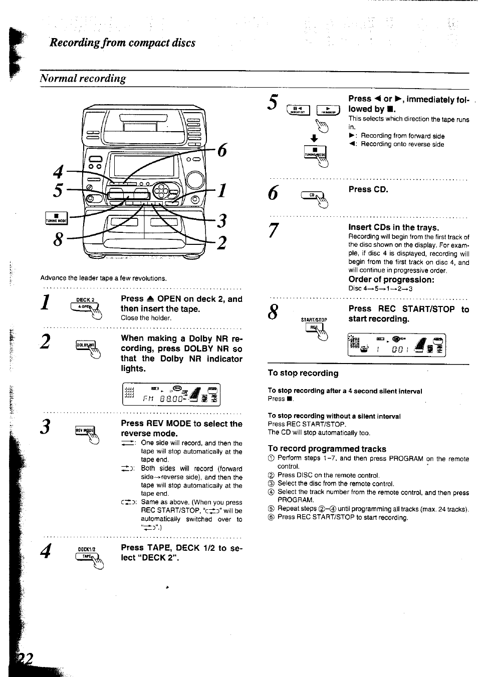 Recording from compact discs normal recording | Panasonic SC-CH75 User Manual | Page 22 / 40