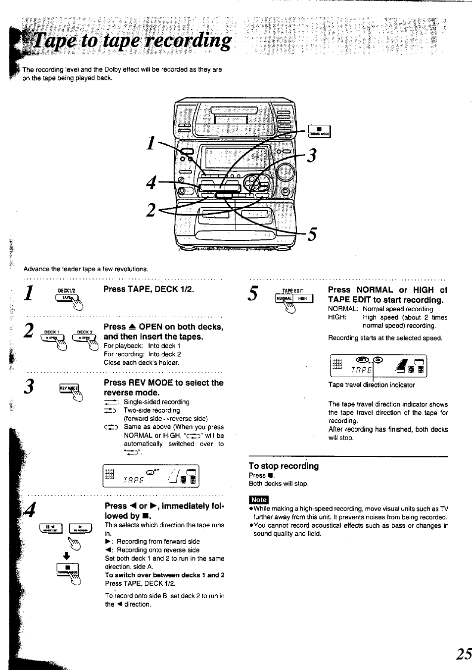 Press tape, deck 1/2, Press rev mode to select the reverse mode, To stop recording | Tape to tape recording | Panasonic SC-CH75 User Manual | Page 25 / 40
