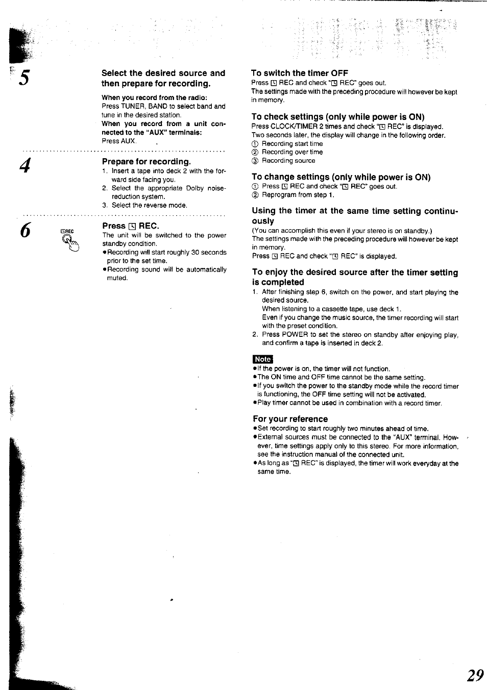 Prepare for recording, Press □ rec, To switch the timer off | To check settings (only while power is on), To change settings (only while power is on), Rritbl, For your reference | Panasonic SC-CH75 User Manual | Page 29 / 40