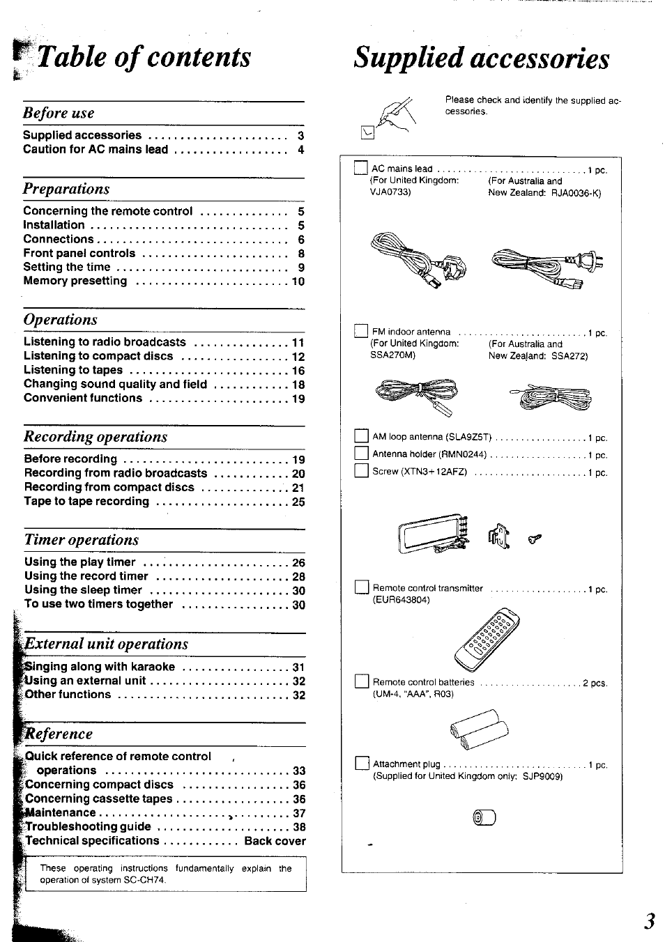 Supplied accessories, Table of contents supplied accessories | Panasonic SC-CH75 User Manual | Page 3 / 40