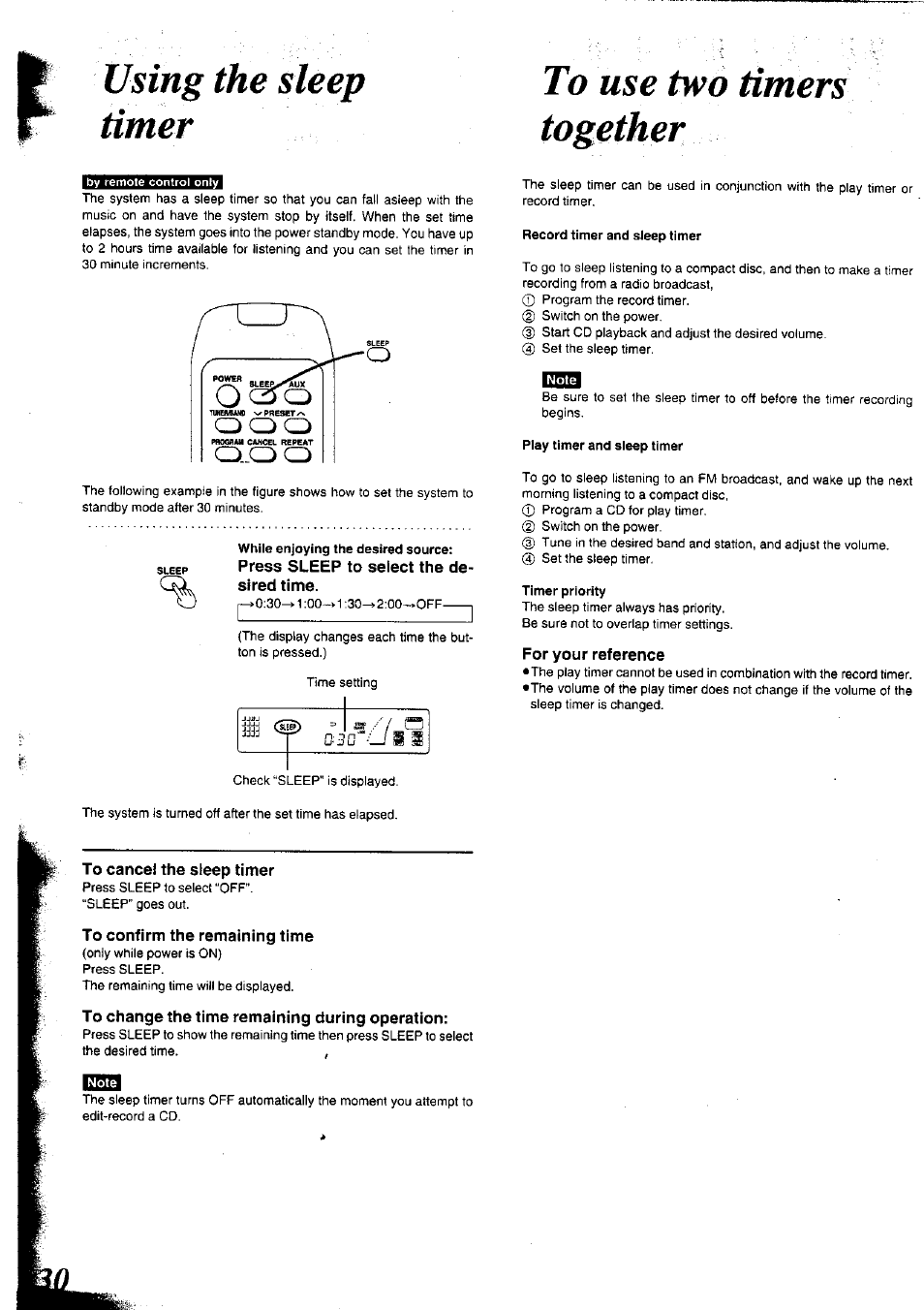 Using the sleep timer, Press sleep to select the desired time, To use two timers | Together, For your reference, To cancel the steep timer, To confirm the remaining time, To change the time remaining during operation, Using the record timer | Panasonic SC-CH75 User Manual | Page 30 / 40