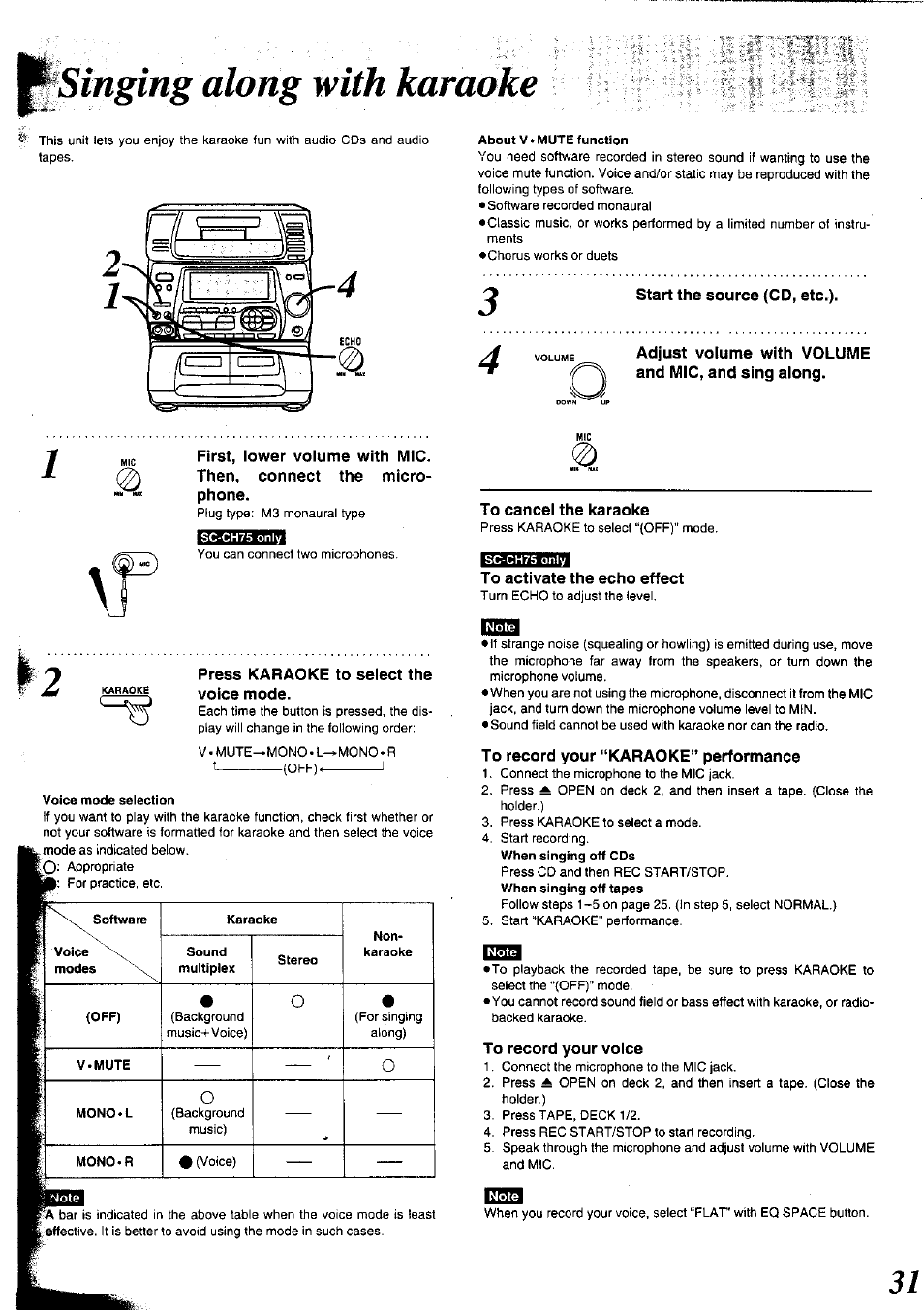 Singing along with karaoke, Press karaoke to select the voice mode, To cancel the karaoke | To activate the echo effect, To record your “karaoke” performance, To record your voice, Nwfi, Iinging along with karaoke | Panasonic SC-CH75 User Manual | Page 31 / 40