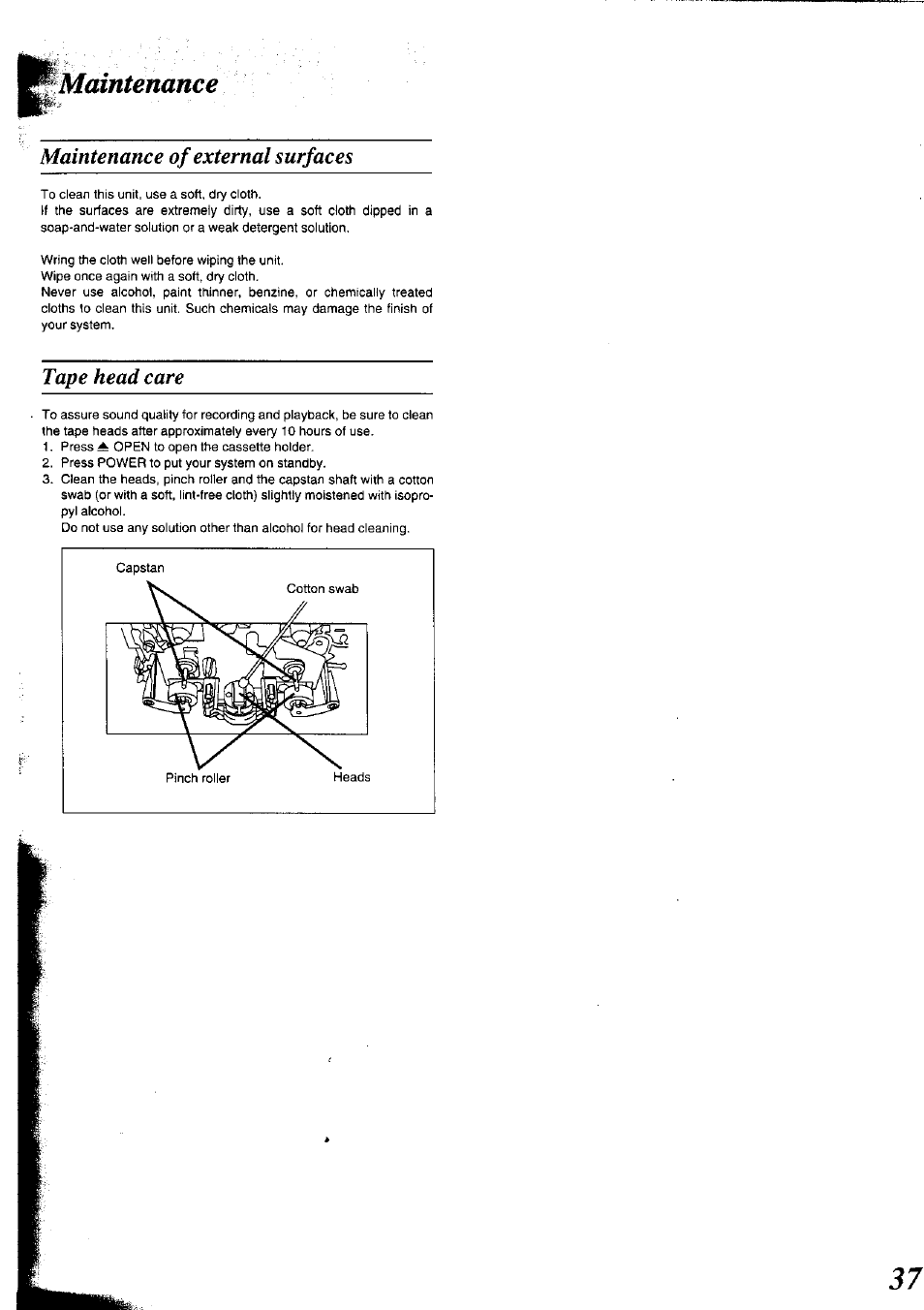 Maintenance, Maintenance of external surfaces, Tape head care | Panasonic SC-CH75 User Manual | Page 37 / 40