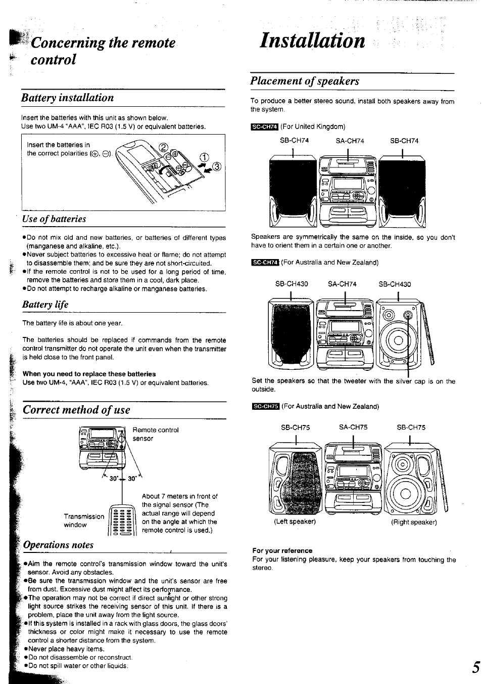 Installation, Concerning the remote ^ control, Battery installation | Correct method of use, Placement of speakers, Battery life | Panasonic SC-CH75 User Manual | Page 5 / 40