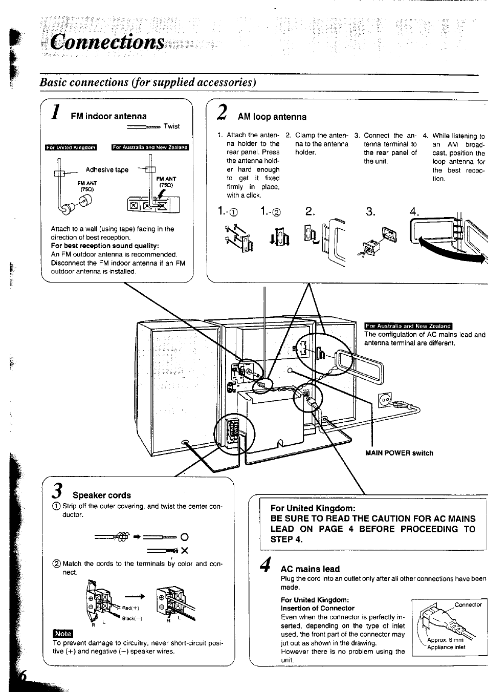 Commèàams, Fm indoor antenna, Am loop antenna | For united kingdom, Ac mains lead, Basic connections (for supplied accessories) | Panasonic SC-CH75 User Manual | Page 6 / 40