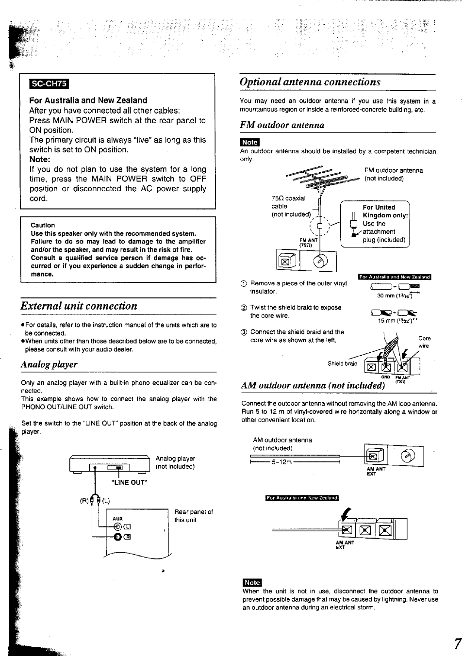 Sc-ch75, For australia and new zealand, Note | External unit connection, Optional antenna connections, Analog player, Fm outdoor antenna, Am outdoor antenna (not included) | Panasonic SC-CH75 User Manual | Page 7 / 40