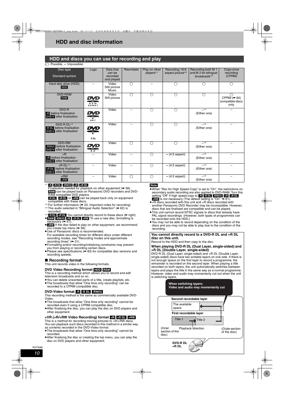 Hdd and disc information, Hdd and discs you can use for recording and play | Panasonic DMR-EX78 User Manual | Page 10 / 88