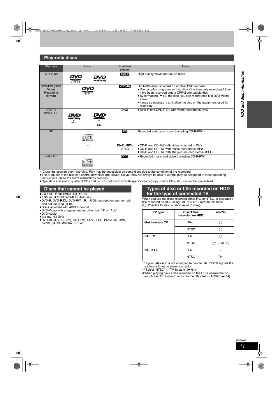Play-only discs | Panasonic DMR-EX78 User Manual | Page 11 / 88