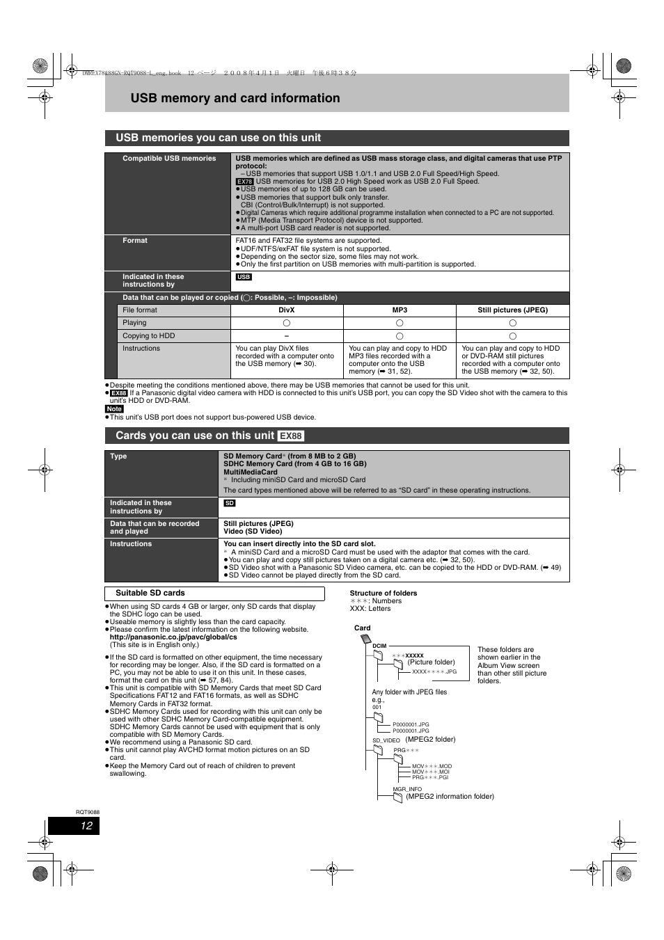 Cards you can use on this unit [ex88 | Panasonic DMR-EX78 User Manual | Page 12 / 88