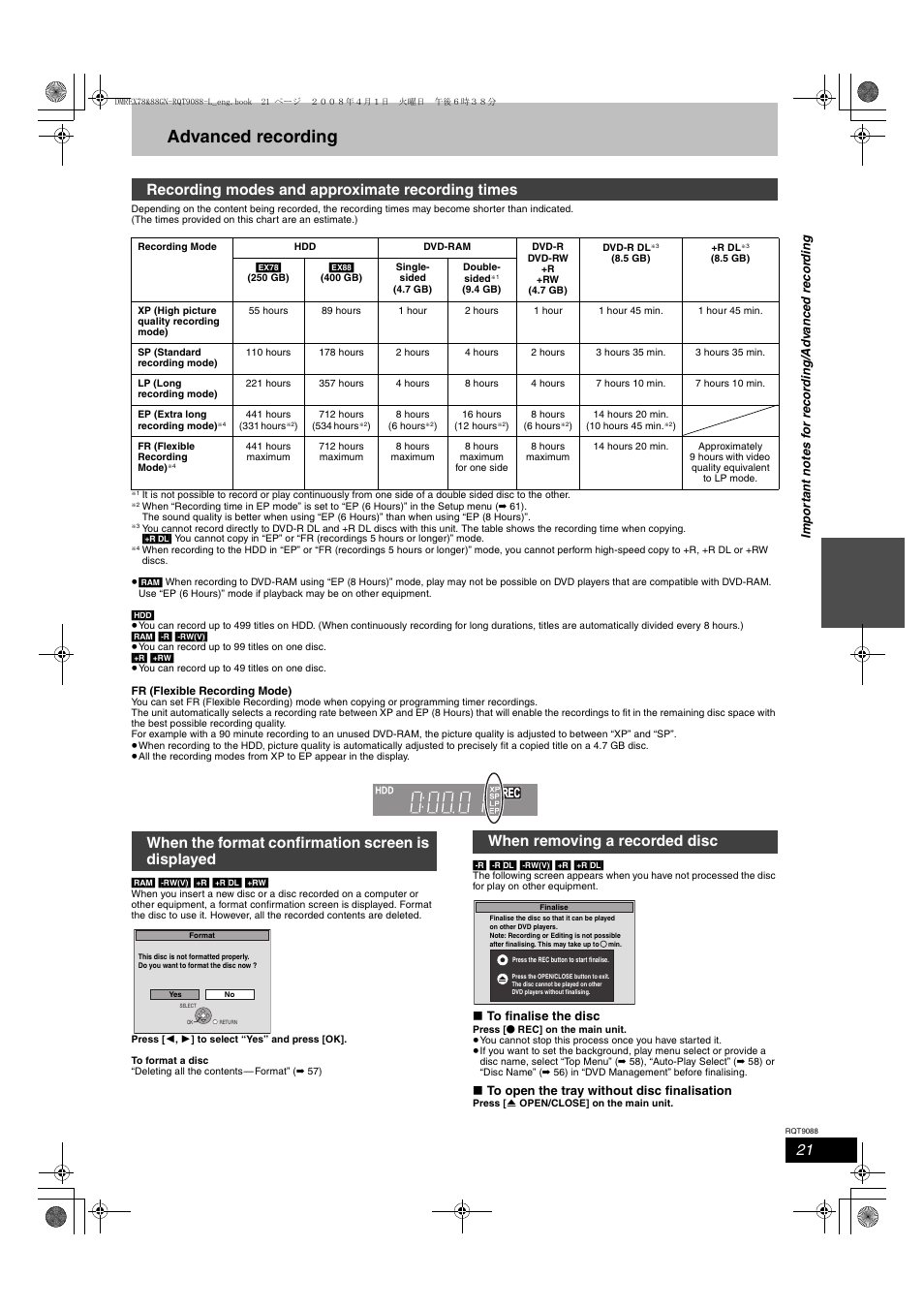 Advanced recording, Recording modes and approximate recording times, When the format confirmation screen is displayed | When removing a recorded disc | Panasonic DMR-EX78 User Manual | Page 21 / 88