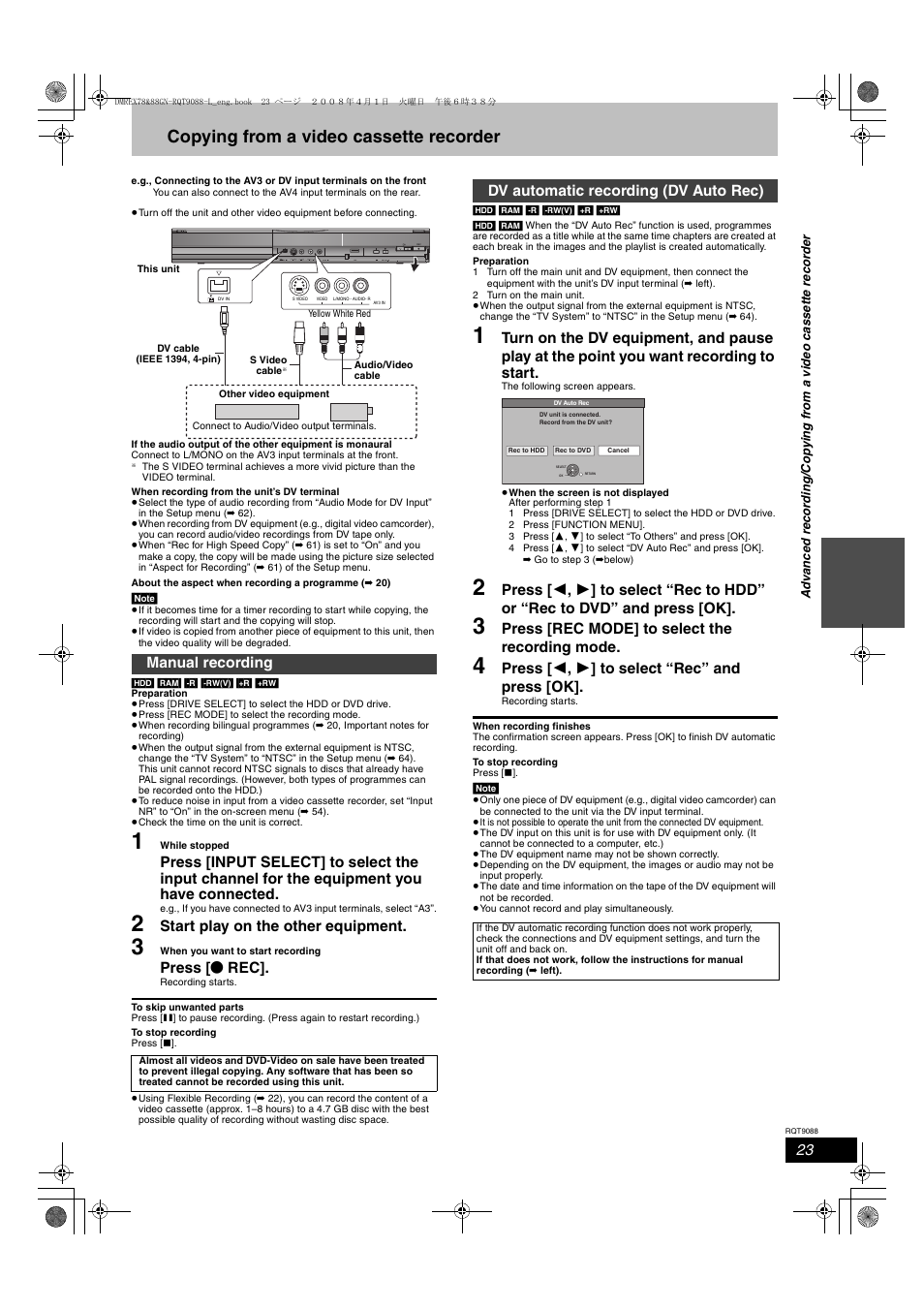 Copying from a video cassette recorder, Start play on the other equipment, Press [ ¥ rec | Press [rec mode] to select the recording mode, Press [ 2 , 1 ] to select “rec” and press [ok, Manual recording, Dv automatic recording (dv auto rec) | Panasonic DMR-EX78 User Manual | Page 23 / 88