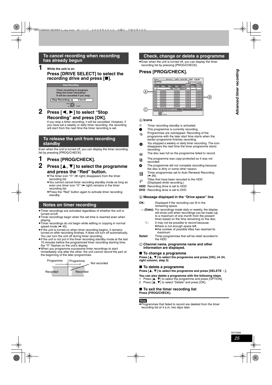Press [prog/check, Check, change or delete a programme | Panasonic DMR-EX78 User Manual | Page 25 / 88