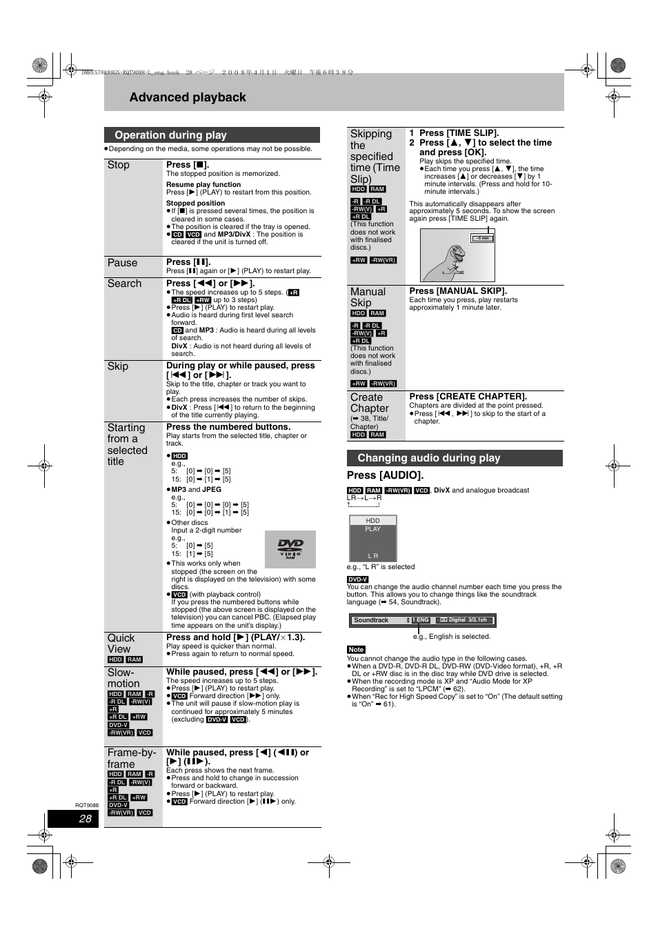 Advanced playback, Press [audio, Operation during play stop | Pause, Search, Skip, Starting from a selected title, Quick view, Slow- motion, Frame-by- frame | Panasonic DMR-EX78 User Manual | Page 28 / 88