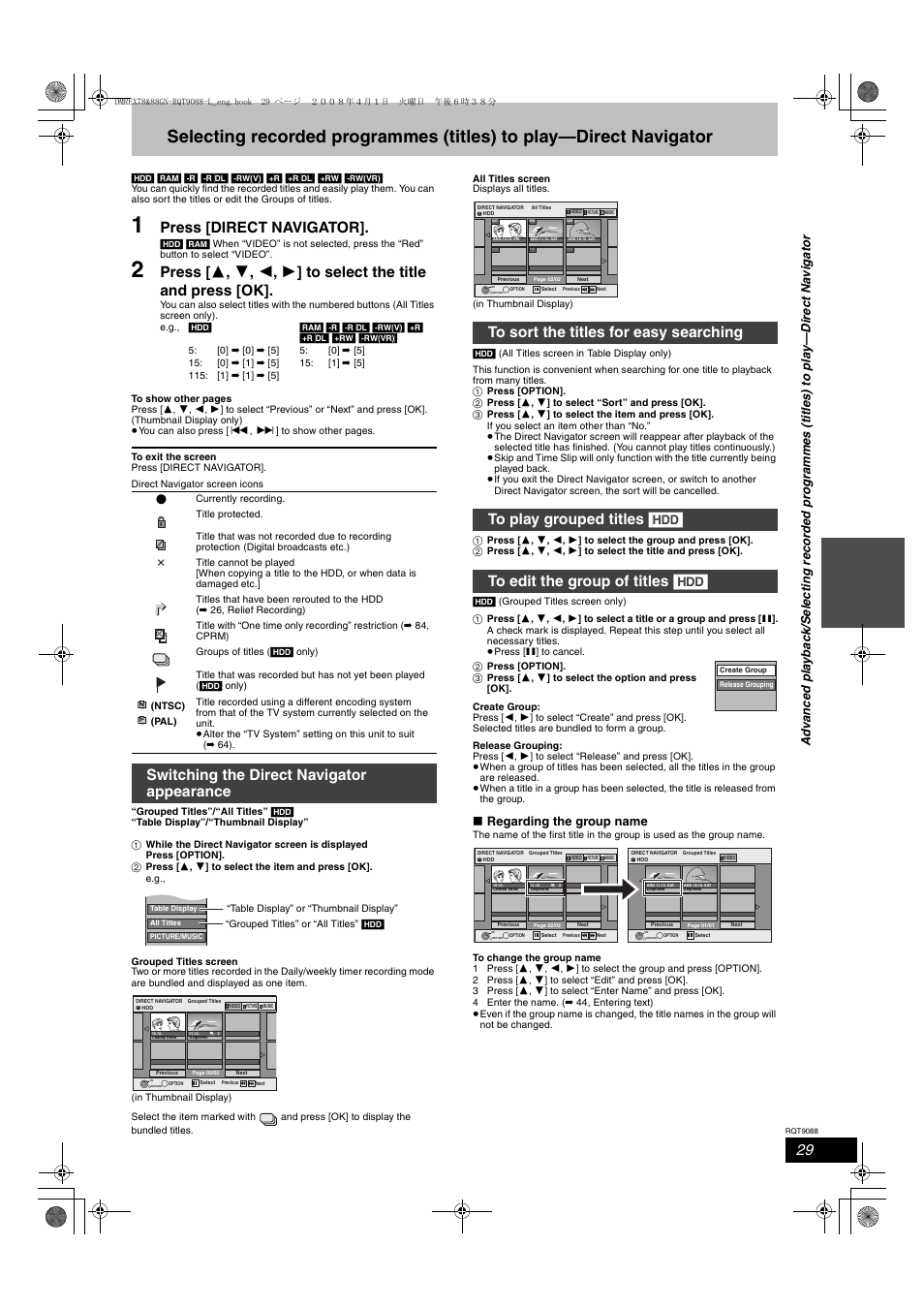 Press [direct navigator, Switching the direct navigator appearance, Regarding the group name | Panasonic DMR-EX78 User Manual | Page 29 / 88