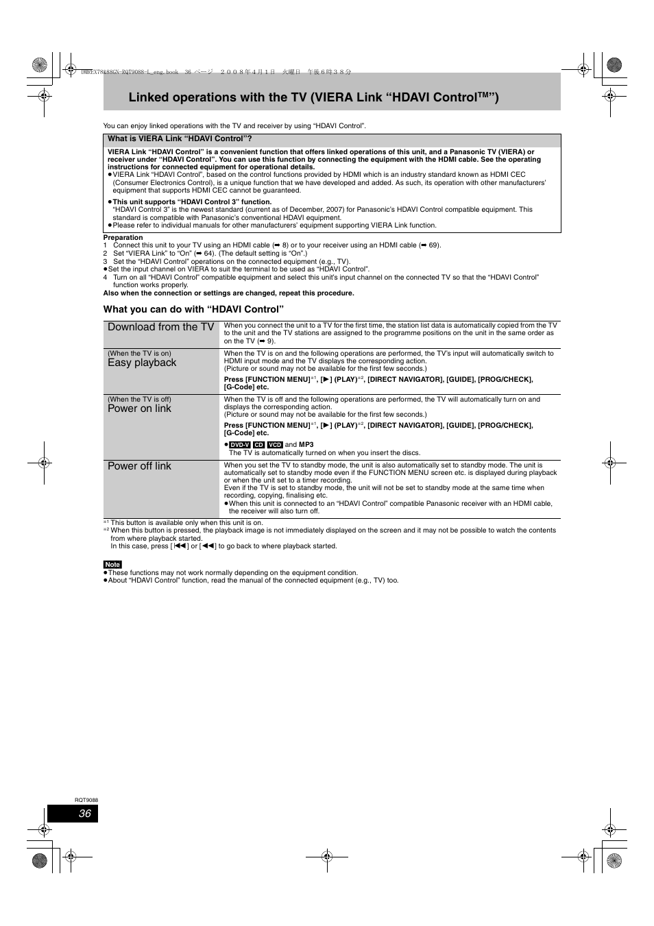 Download from the tv, Easy playback, Power on link | Power off link, What you can do with “hdavi control | Panasonic DMR-EX78 User Manual | Page 36 / 88