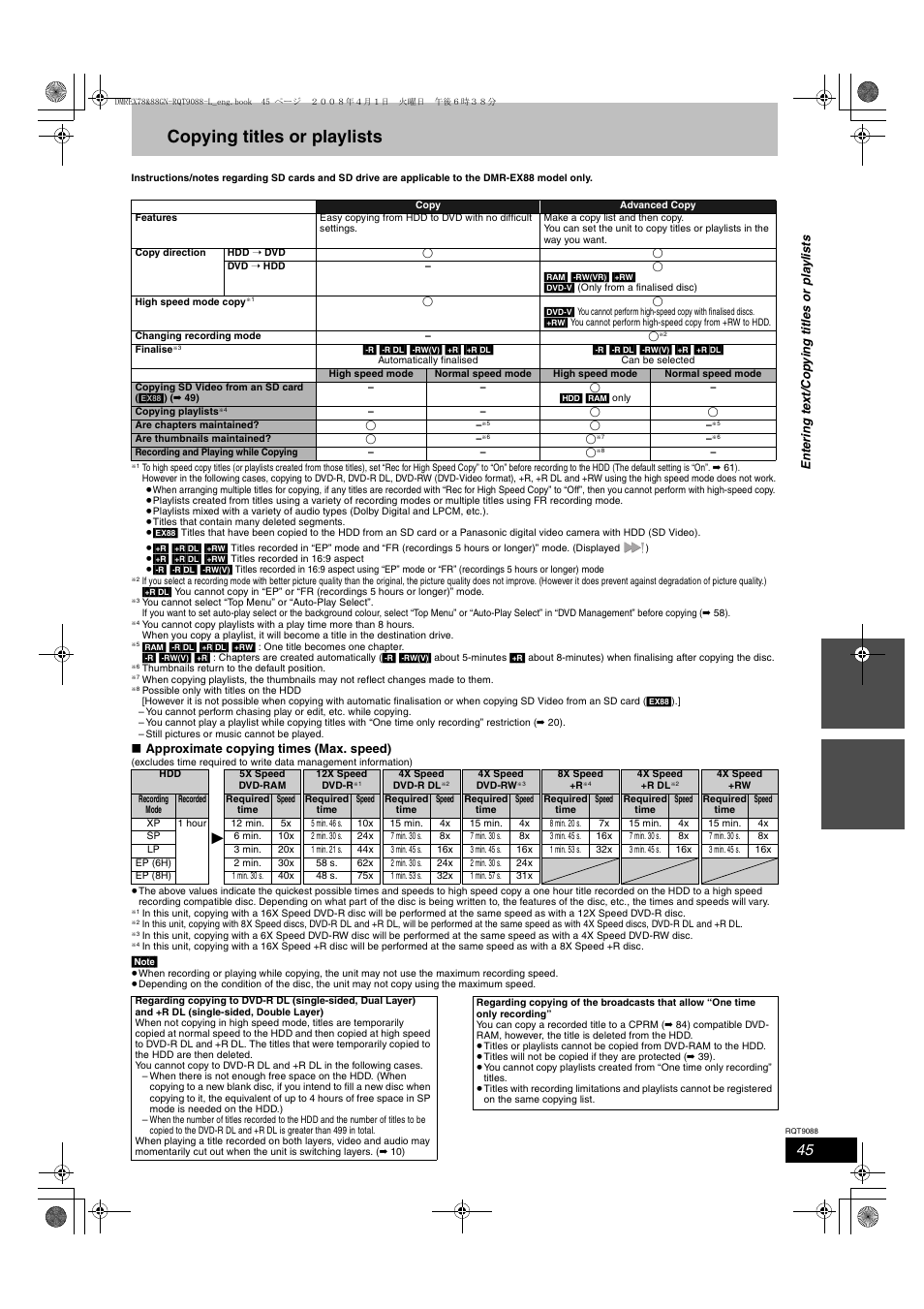 Copying titles or playlists | Panasonic DMR-EX78 User Manual | Page 45 / 88