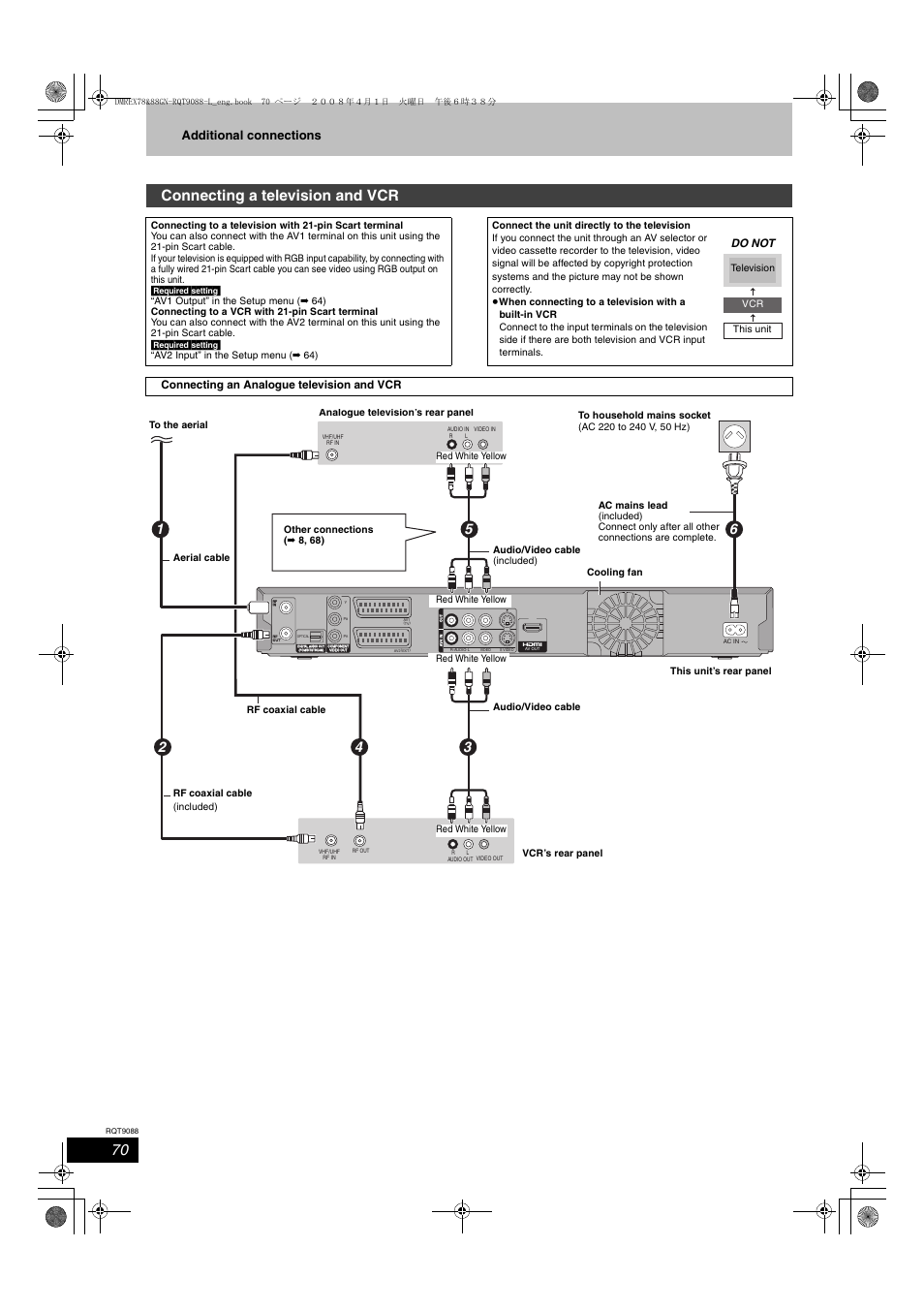 Connecting a television and vcr, Additional connections, Do not | Connecting an analogue television and vcr | Panasonic DMR-EX78 User Manual | Page 70 / 88