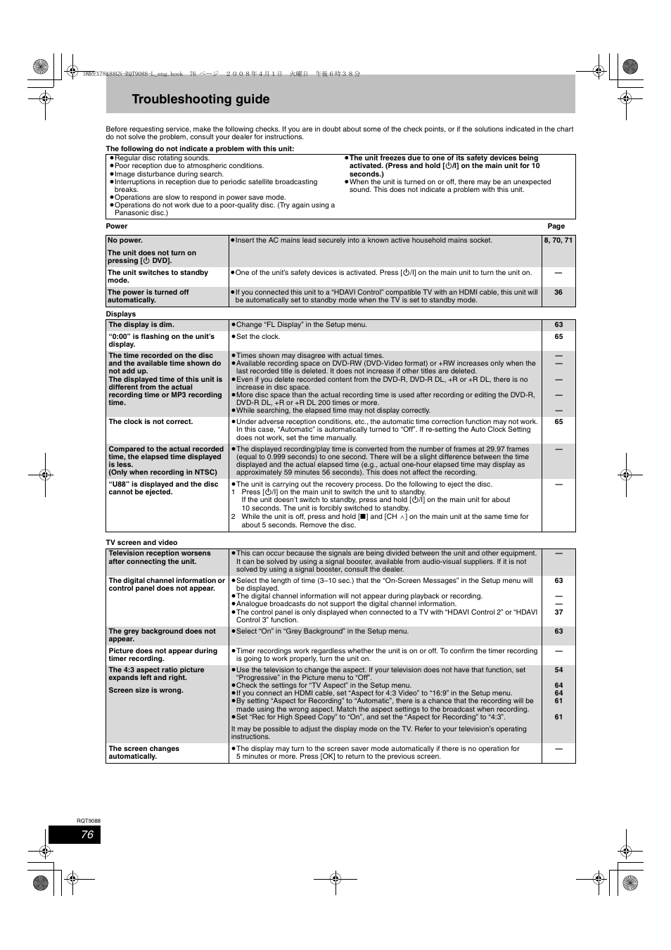 Troubleshooting guide | Panasonic DMR-EX78 User Manual | Page 76 / 88