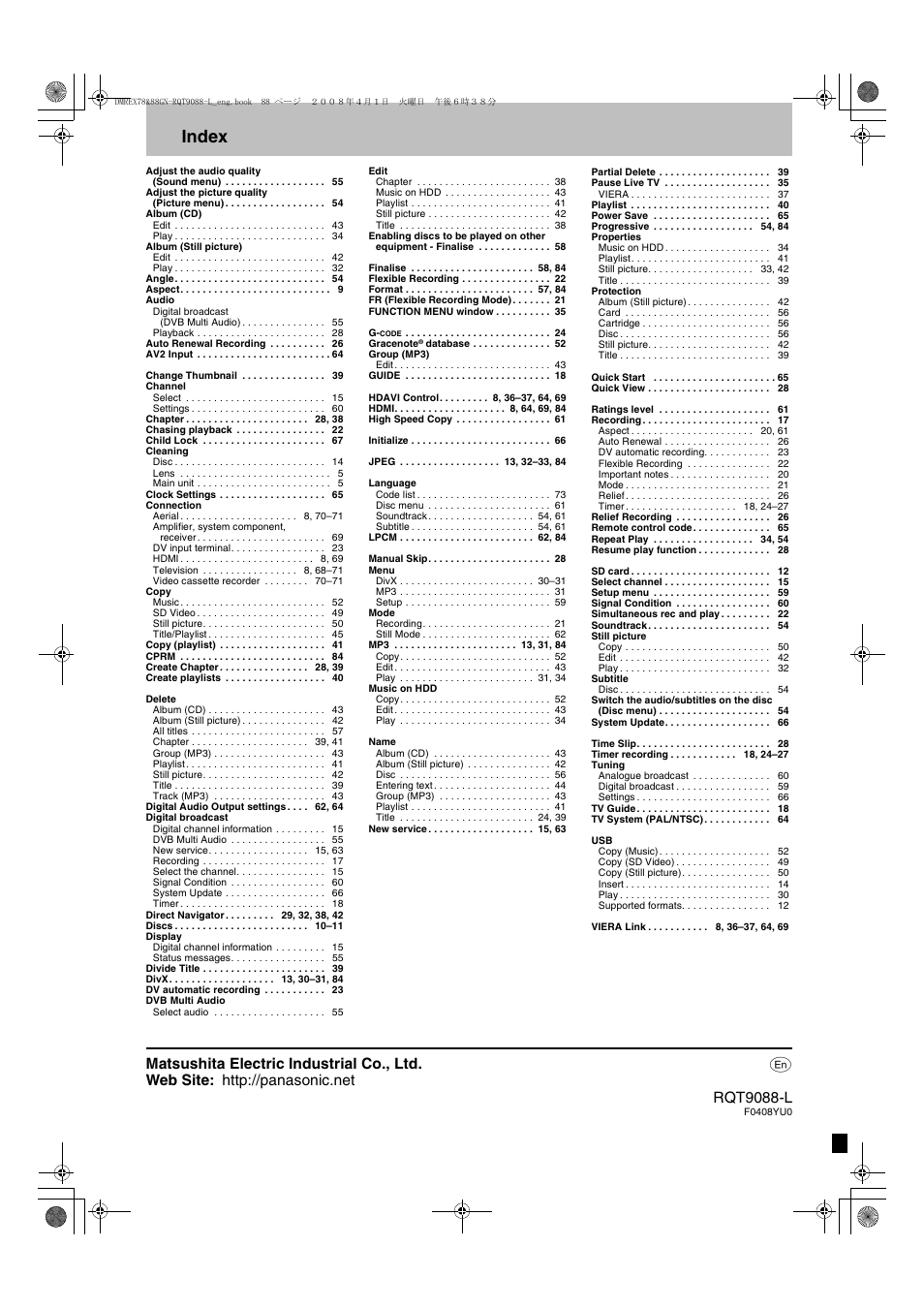 Index | Panasonic DMR-EX78 User Manual | Page 88 / 88